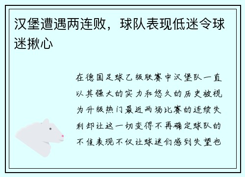 汉堡遭遇两连败，球队表现低迷令球迷揪心