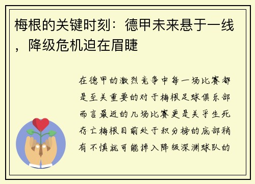 梅根的关键时刻：德甲未来悬于一线，降级危机迫在眉睫